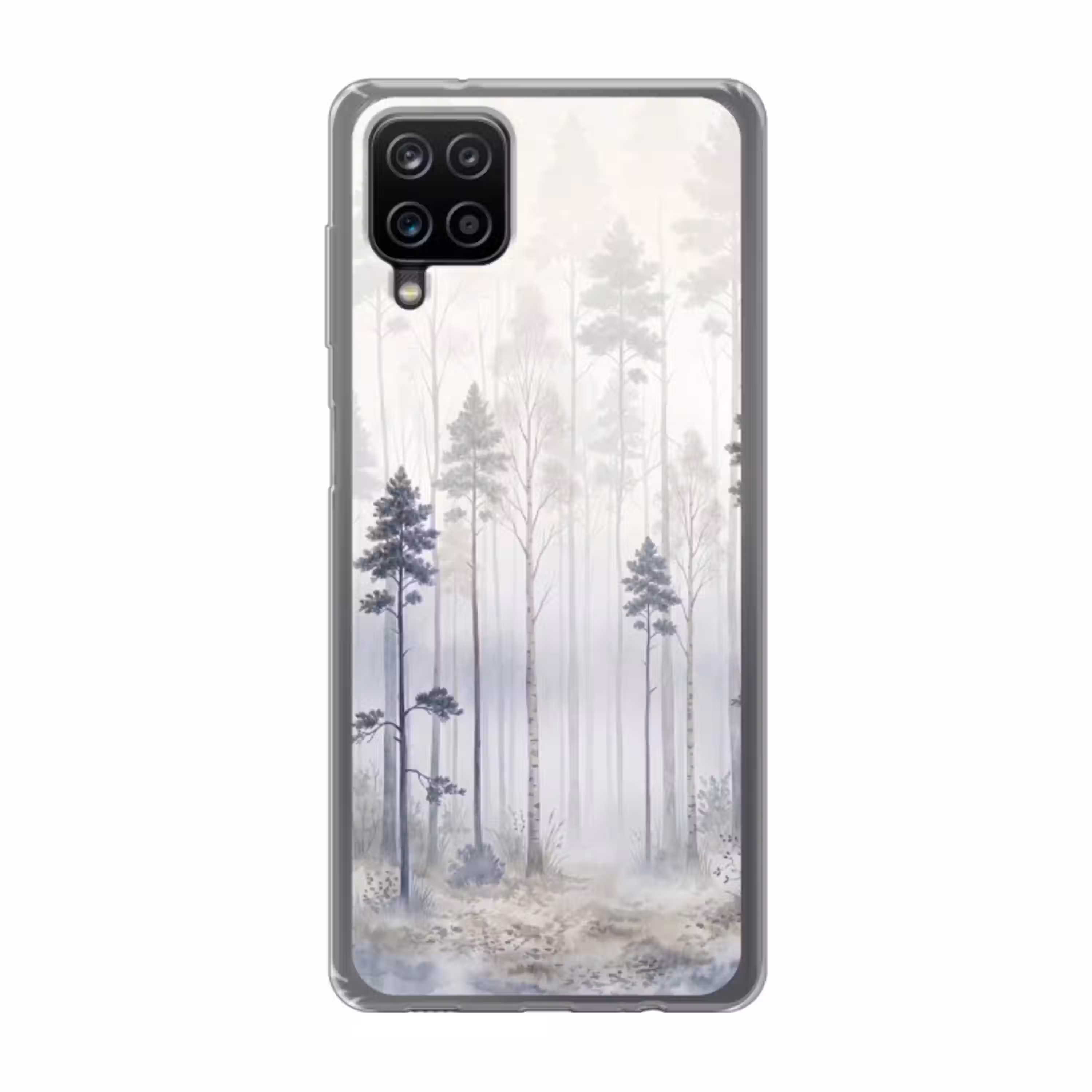 Bos - Bomen - Mist - Natuur - Illustratie - Grijs Telefoonhoesje Samsung Galaxy A12 klein -3d