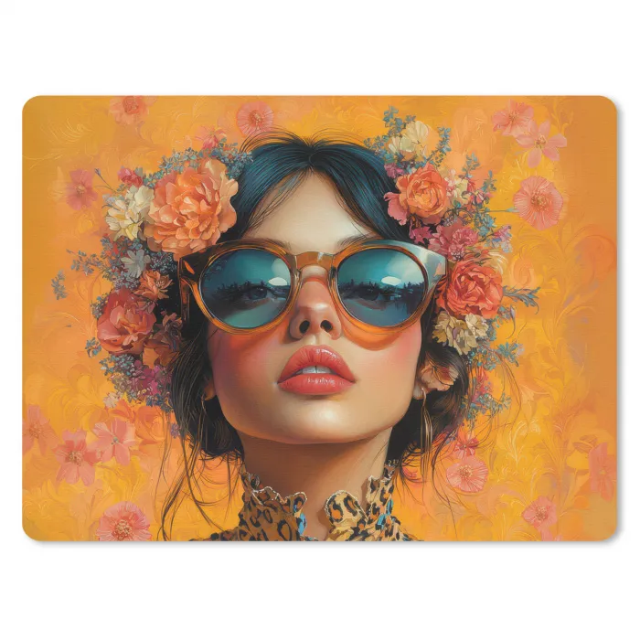 Vrouw - Bloemen - Aesthetic - Oranje muismat rubber klein -3d