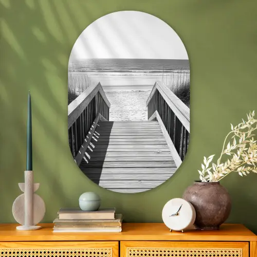 Loopbrug - Hout - Strand - Zee Wandcirkel Ovaal Glas middel -sfeer2