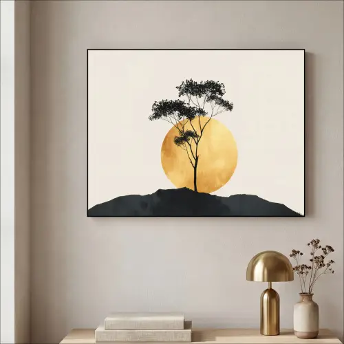 Zwarte boom - Gouden cirkel - Heuvel Textielframe zwart klein -sfeer2