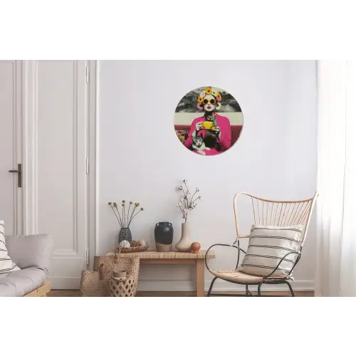 Vrouw - Kat - Bloemen - Kopje - Retro Wandcirkel aluminium klein -woonkamer