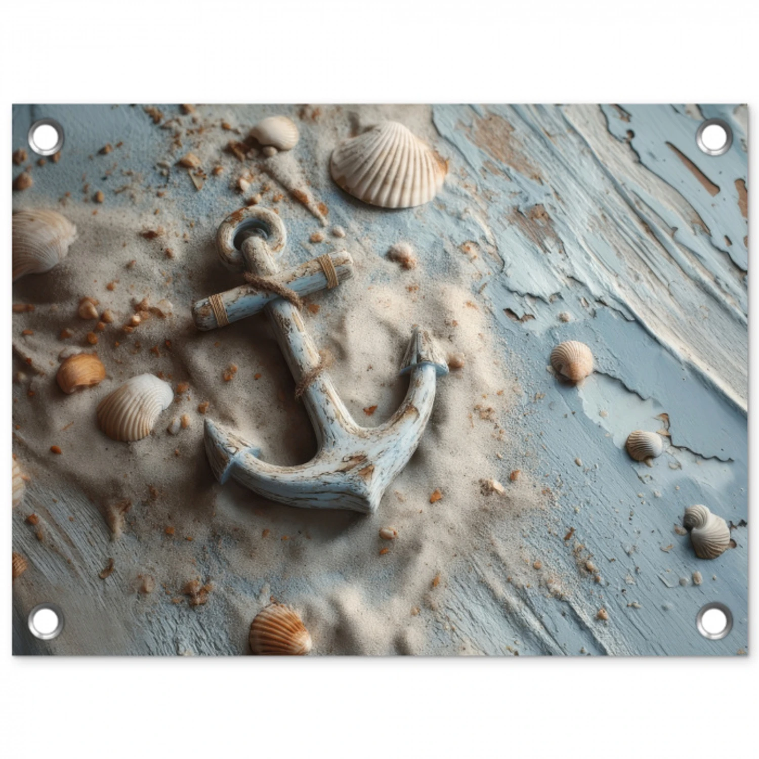 Anker - Hout - Schelpen - Zand tuinposter los doek klein -3d