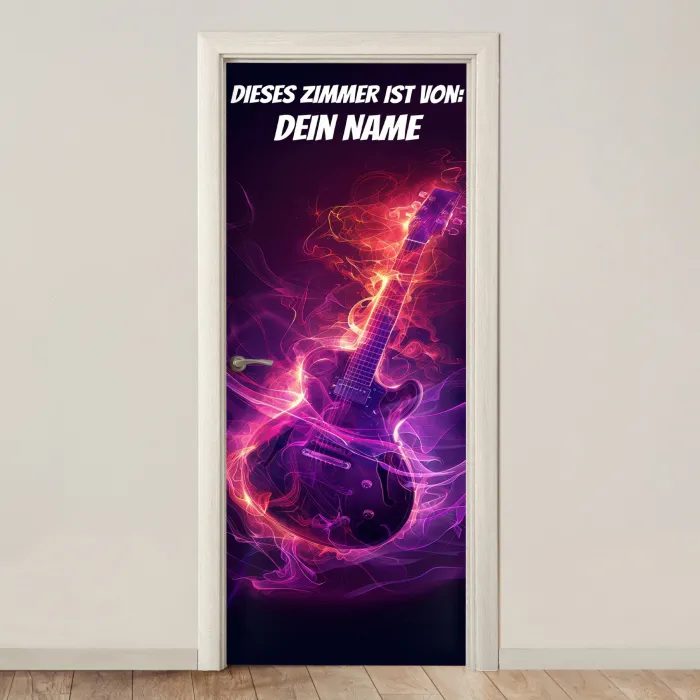 Leuchtende E-Gitarre im Neon-Stil mit personalisierbarem Namensfeld. deurposter klein -3d_beige