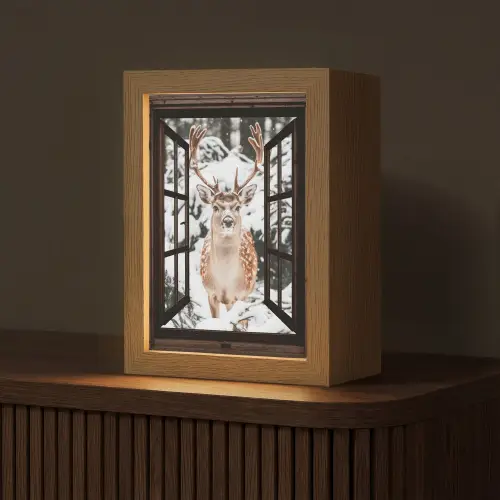 Hert - Sneeuw - Winter - Bos - Dieren - Doorkijk Light Box met kabel (Tafellamp) klein -z3d_website
