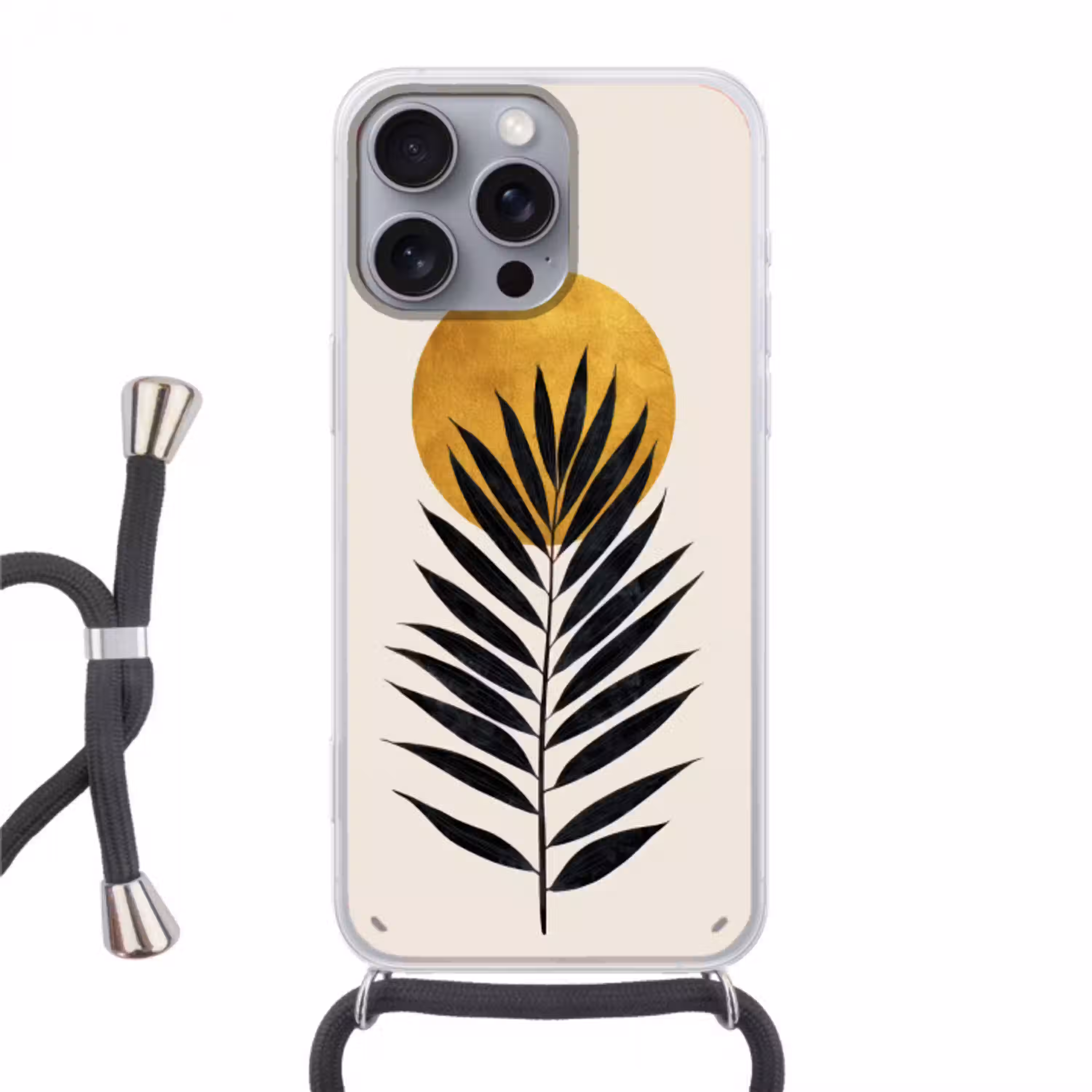 Zwart palmblad - Gouden cirkel - Beige achtergrond Hoesje iPhone 16 Pro Max met koord klein -3d