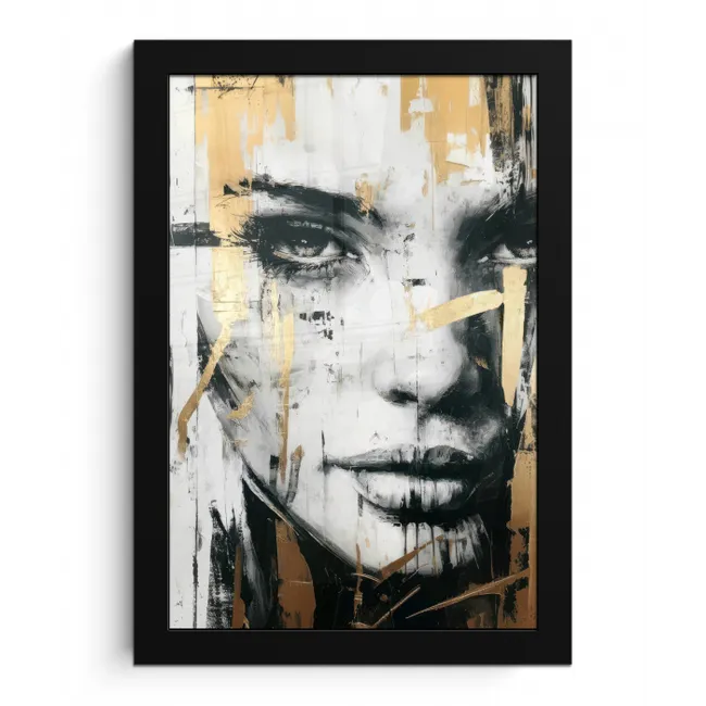 Portret - Vrouw - Penseelstreken - Goud fotolijst zwart zonder passe partout klein -3d