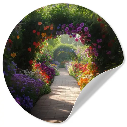 Doorkijk - Pad - Bloemen - Struik - Kleurrijk Wandcirkel behangsticker klein -3d