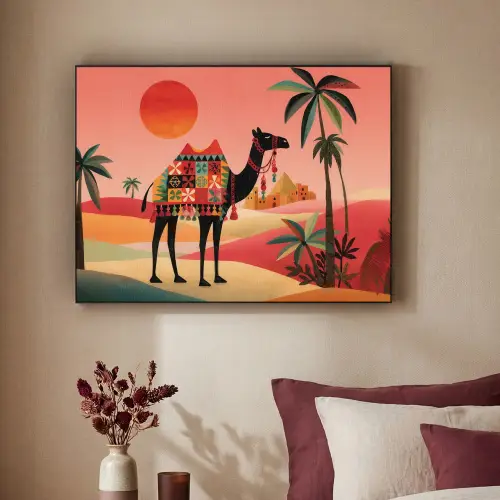 Kameel - Gekleurd tapijt - Duinen - Rode zon Textielframe zwart klein -sfeer1