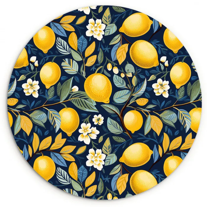 Citroenen - Bloemen - Bladeren - Blauw Wandcirkel plexiglas klein 852 -3d
