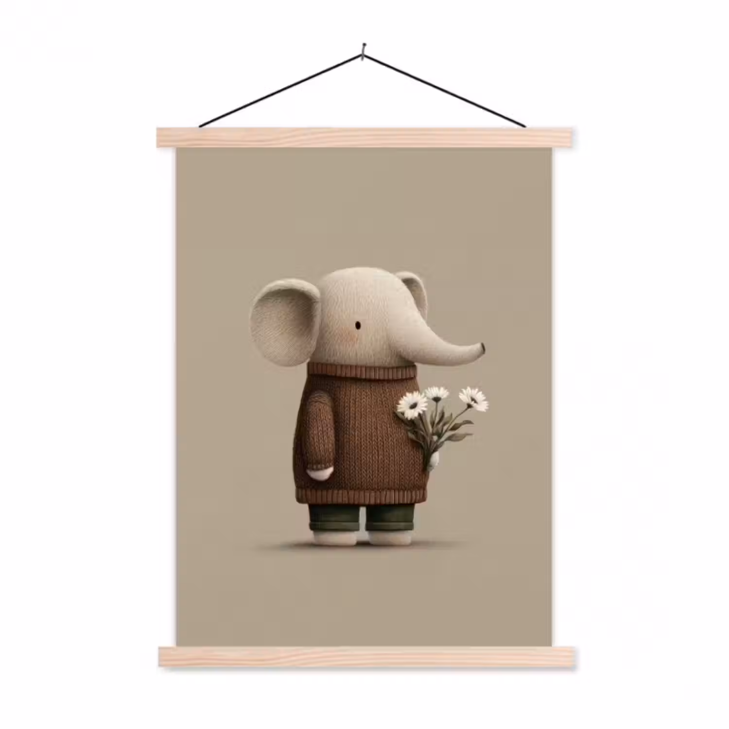 Stoffbild - Elefant - Weiße Blumen - Kinderfreundlich