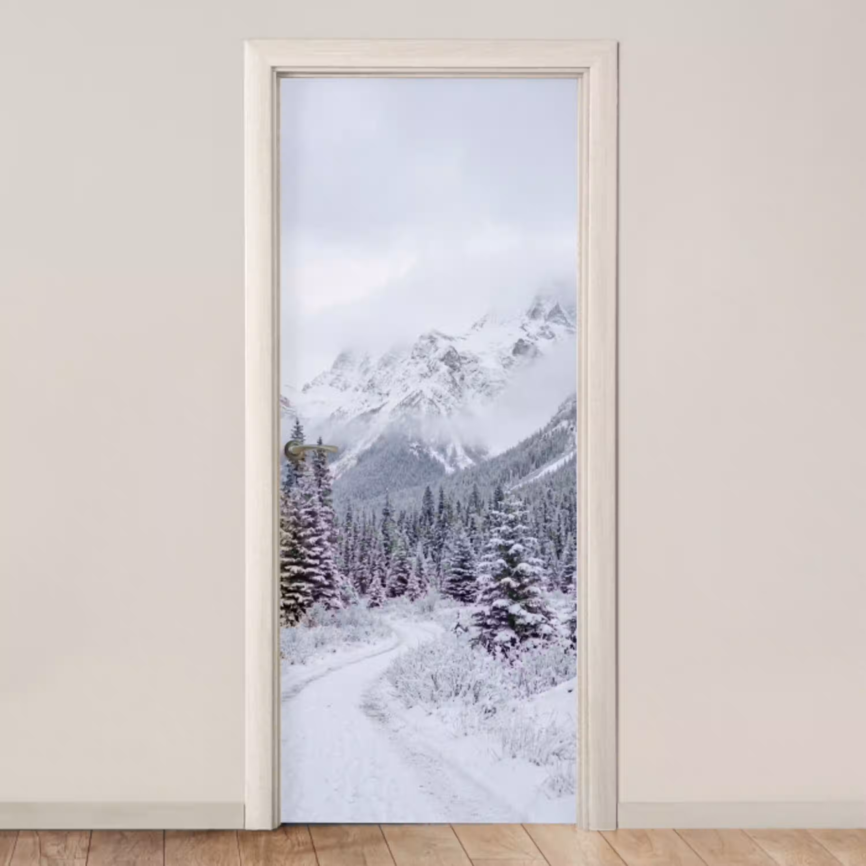 Weg - Bergen - Sneeuw - Naaldbos - Avontuurlijk deurposter klein -3d_beige