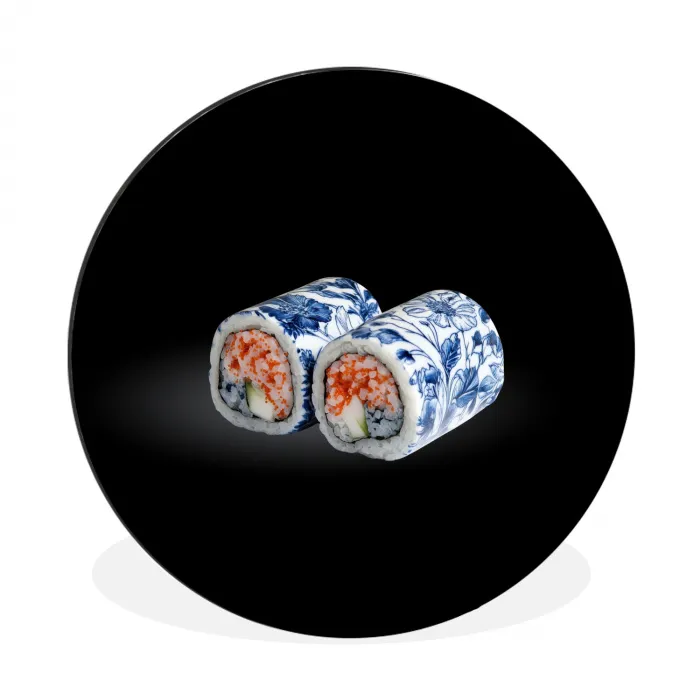 Sushi - Delfts blauw - Rijst - Vis - Elegant Wandcirkel aluminium klein -3d