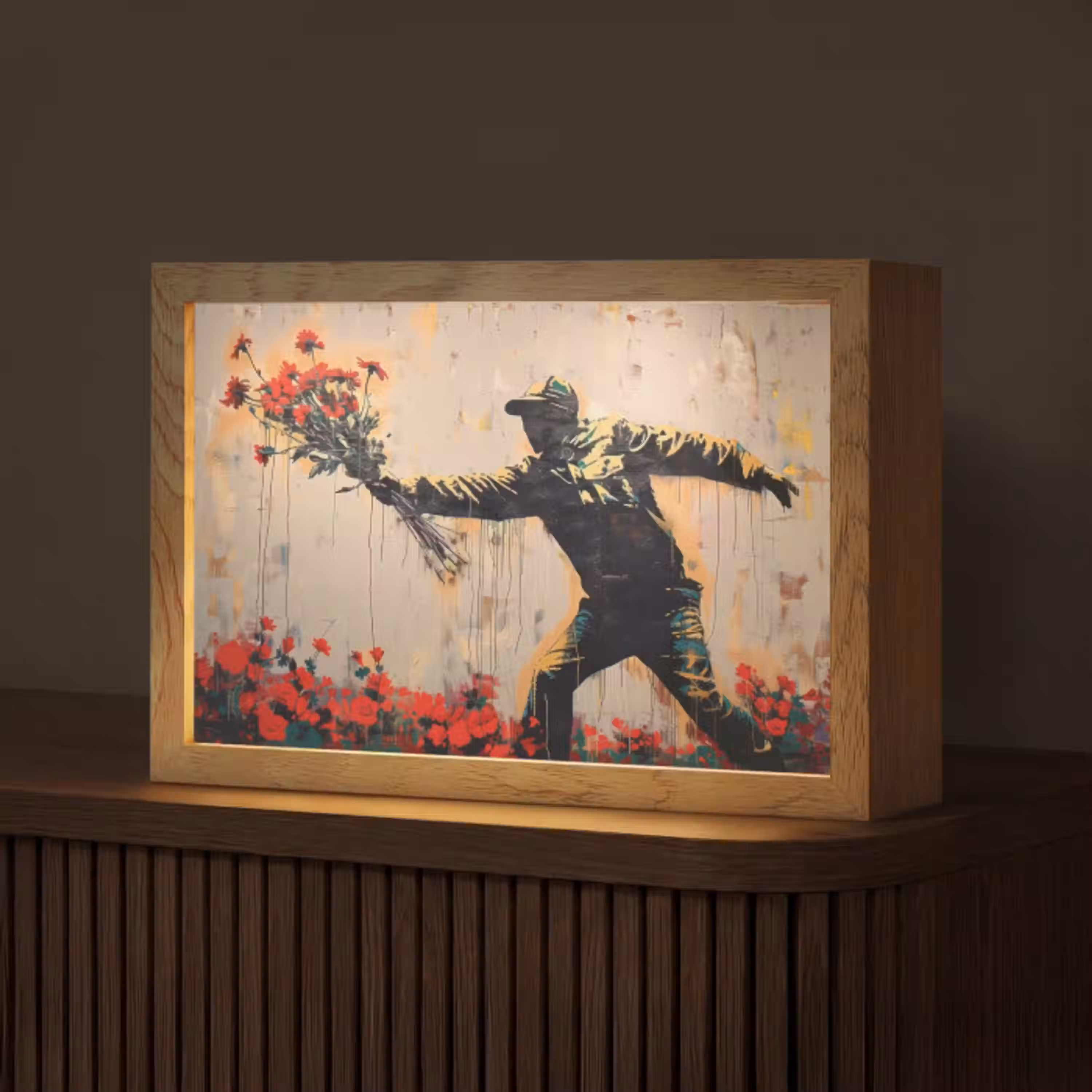 Street art - Man - Bloemen - Graffiti - Banksy Style Light Box met kabel (Tafellamp) klein -z3d_website