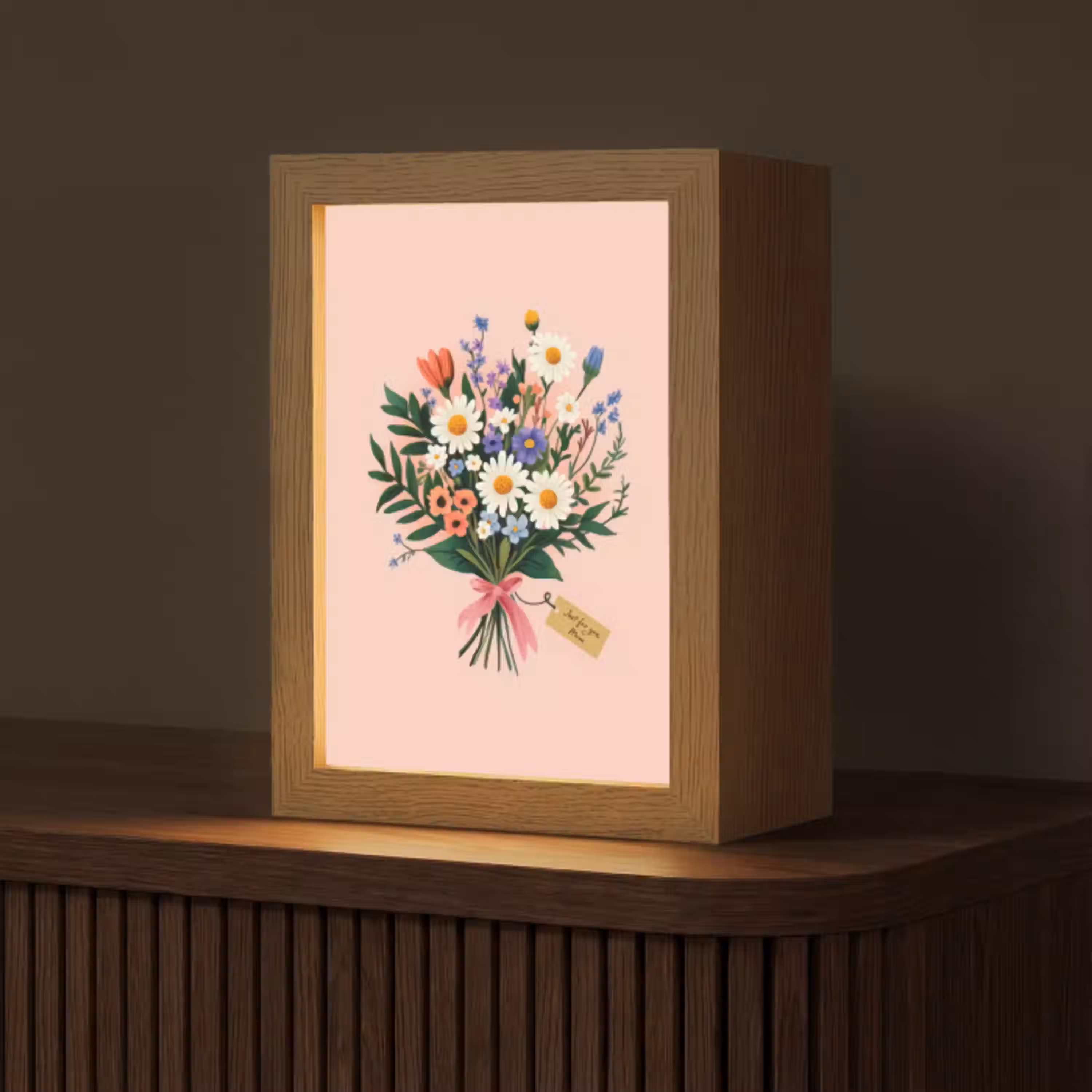 Margrieten - Boeket - Strikje - Roze Light Box met kabel (Tafellamp) klein -z3d_website
