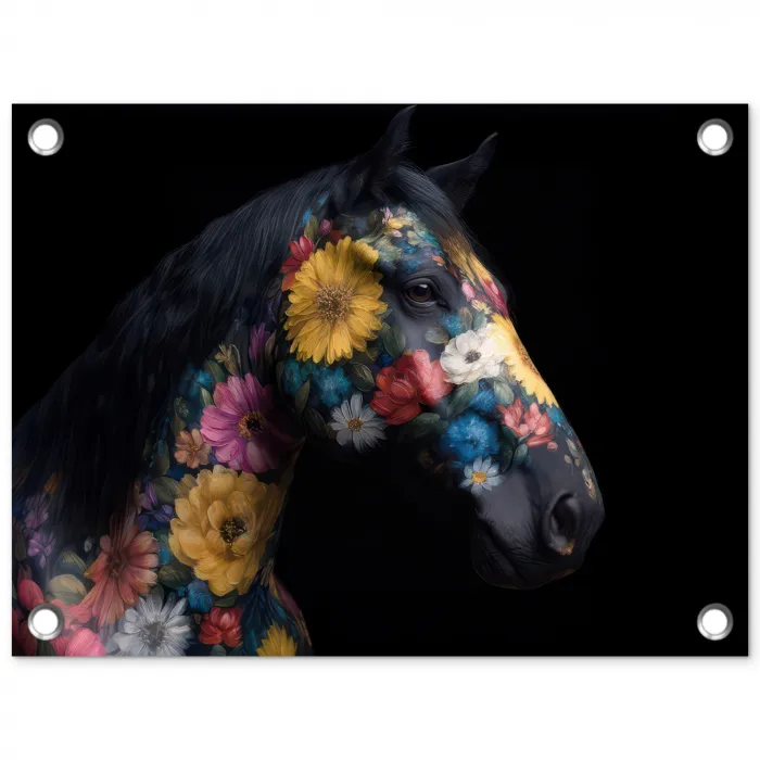Paard - Bloemen - Zwart tuinposter los doek klein -3d