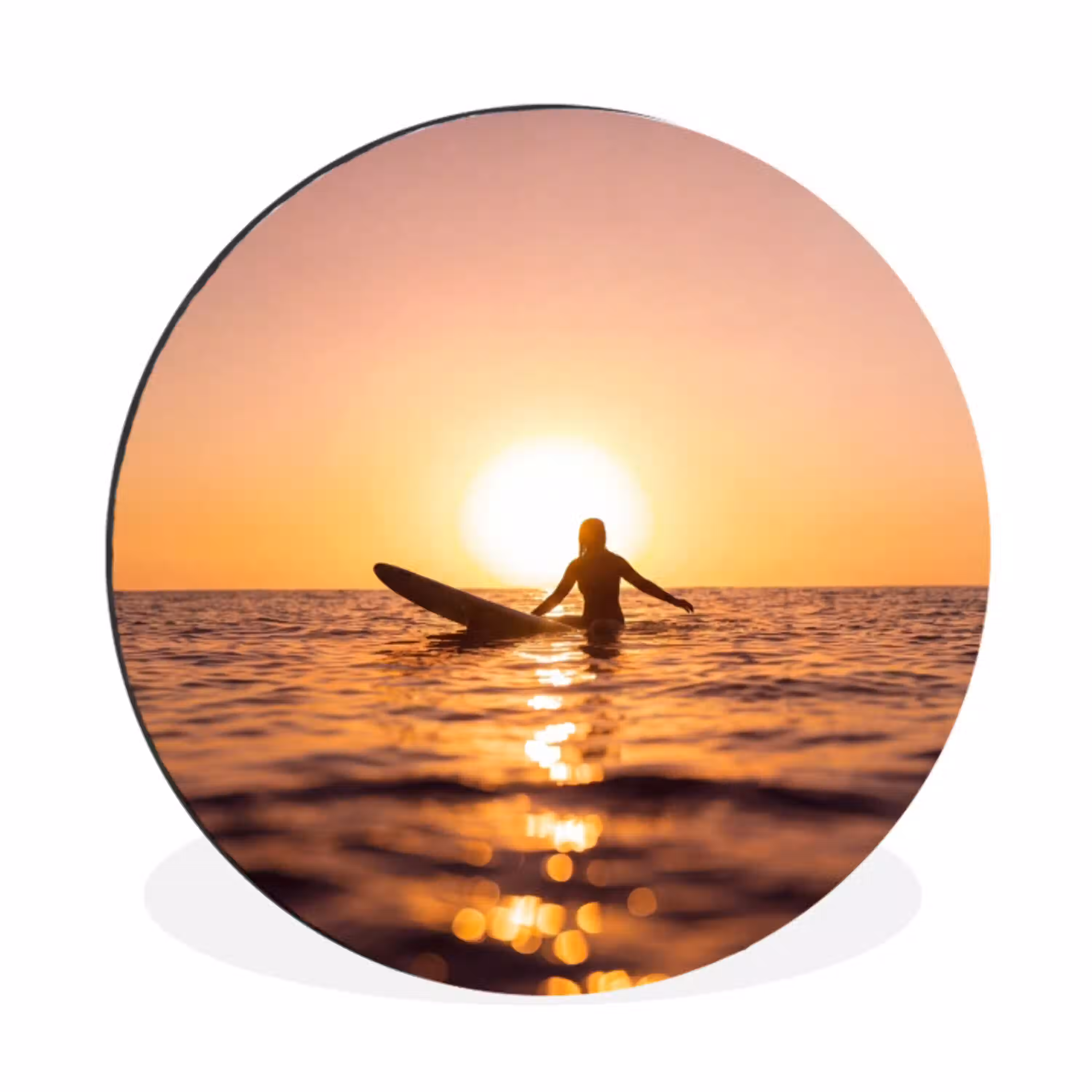 Persoon - Surfen - Zonsondergang - Zee - Oranje Wandcirkel aluminium klein -3d