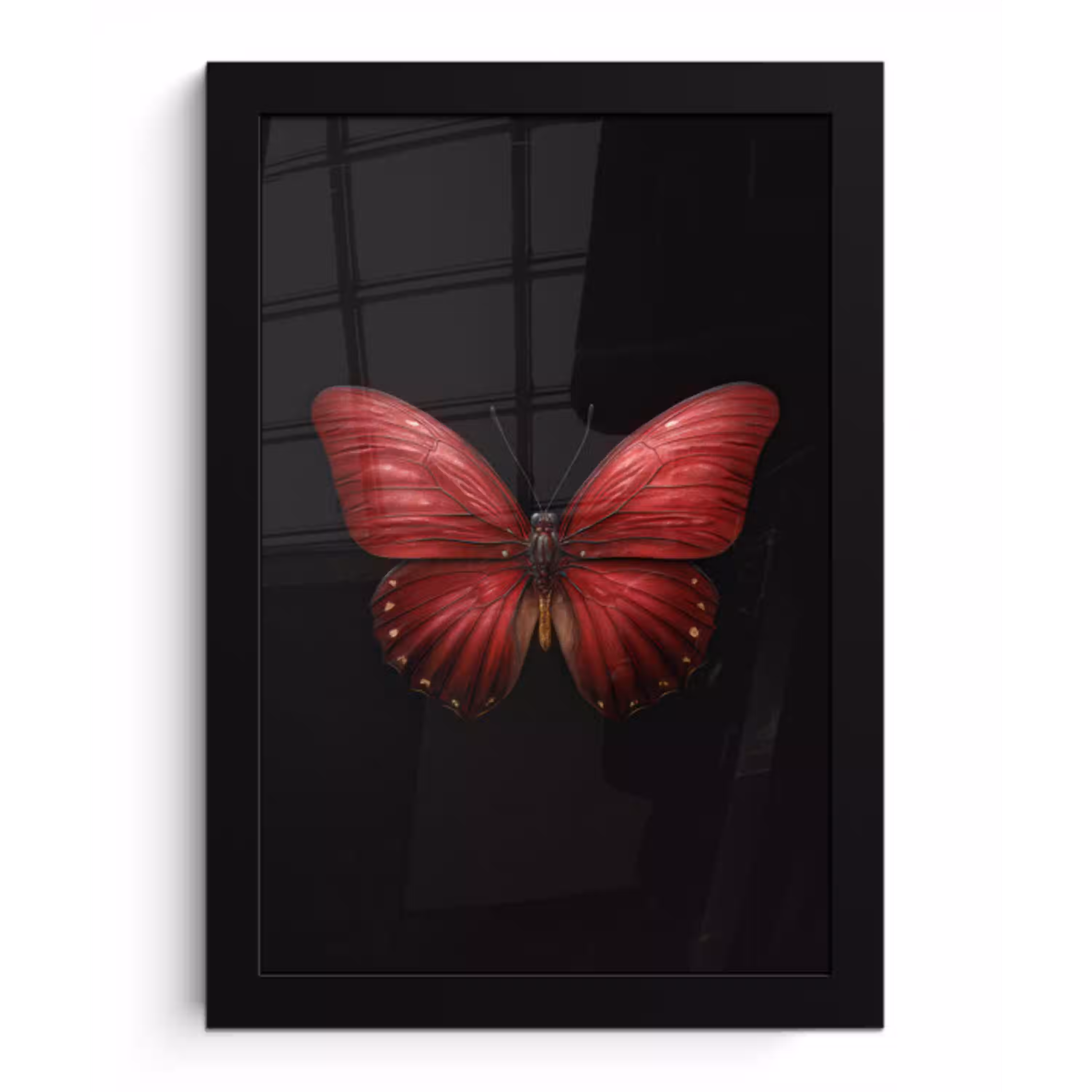 Vlinder - Rood - Minimalistisch fotolijst zwart zonder passe partout klein -3d