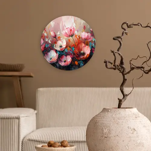 Klaprozen - Roze - Bloemen - Botanisch - Kunst Wandcirkel kunststof plaat 5mm dik klein -sfeer1