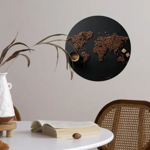 Wereldkaart - Espresso - Zwart Wandcirkel behangsticker klein -sfeer3