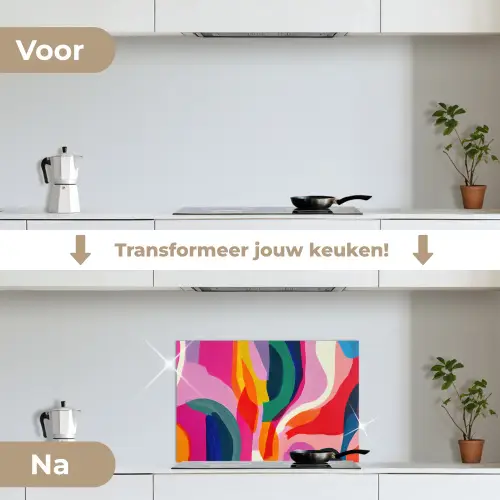 Vormen - Golvend - Abstract - Felroze keuken achterwand spatscherm klein -voor_na_NL