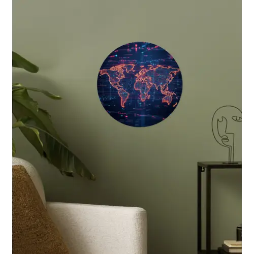 Wereldkaart - Futuristisch - Oranje Wandcirkel behangsticker klein -sfeer2