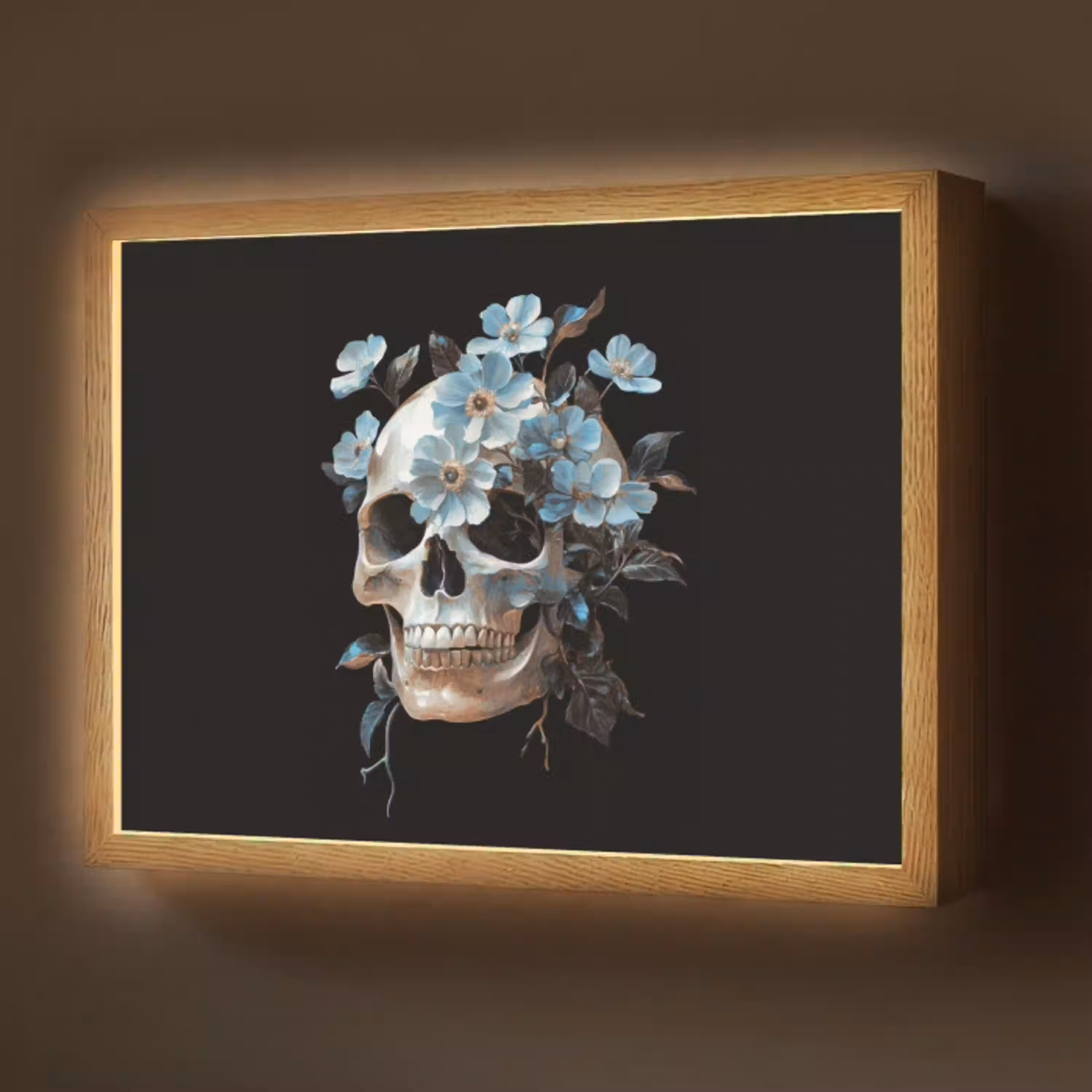 Schedel - Blauw - Bloemen - Bladeren Light Box met batterij (Wandlamp) middel -z3d_website
