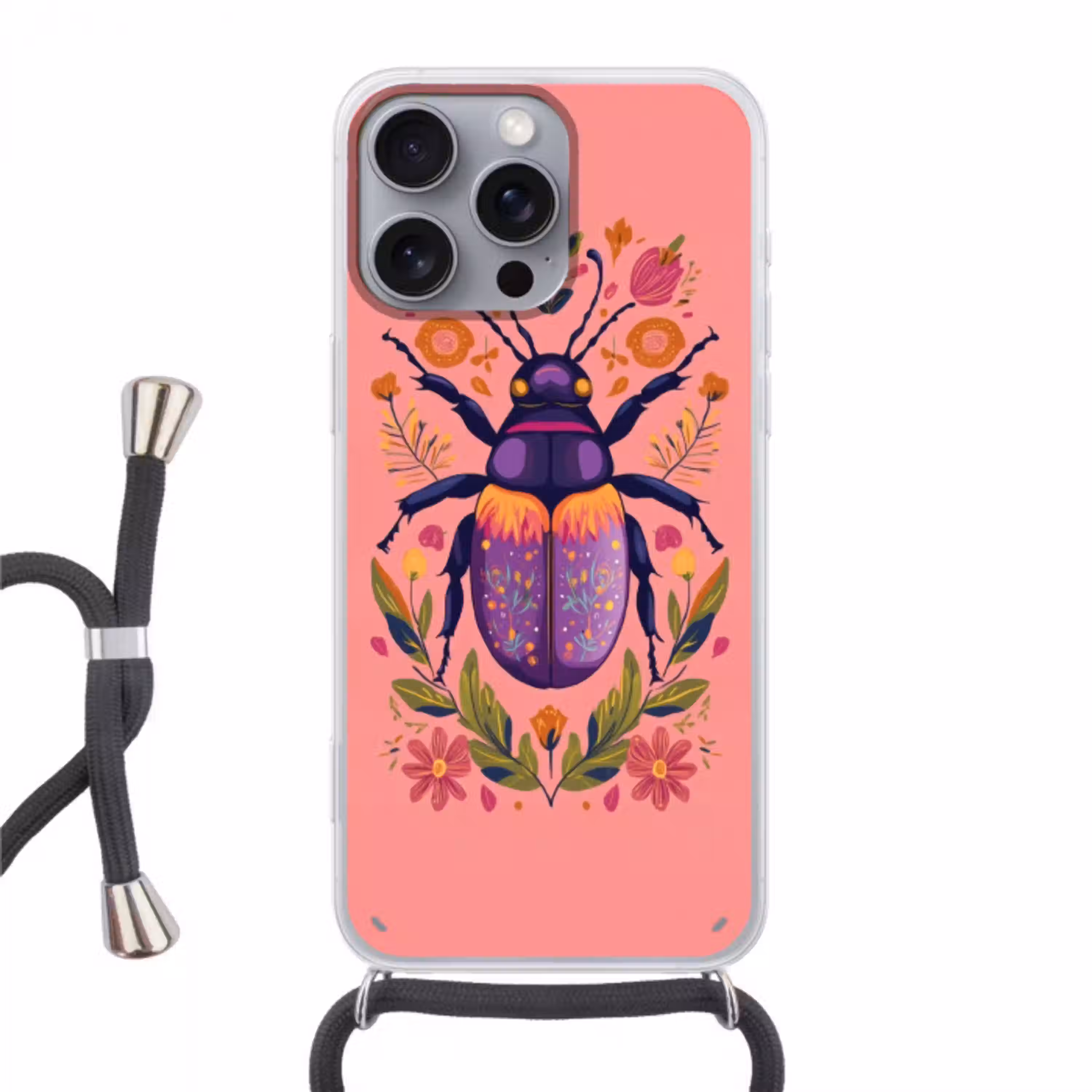 Paars - Kever - Stipjes - Bloemen Hoesje iPhone 16 Pro Max met koord klein -3d