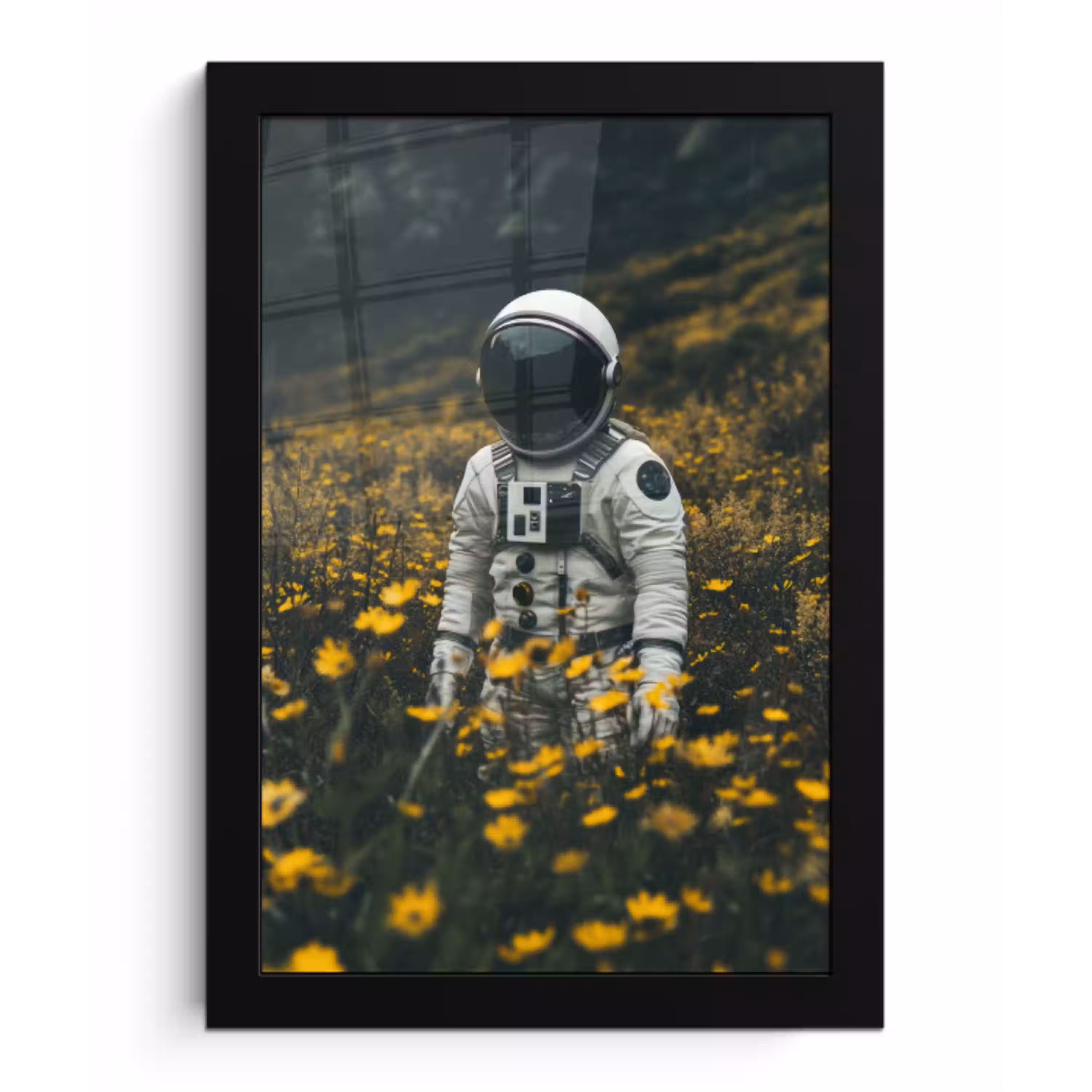 Astronaut - Bloemen - Veld - Geel fotolijst zwart zonder passe partout klein -3d