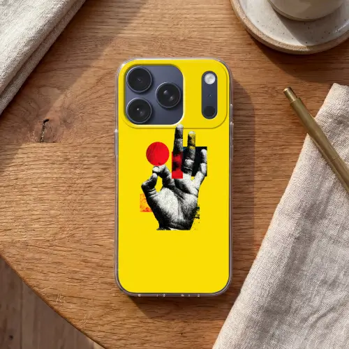 Hand - Rode cirkel - Geel Telefoonhoesje iPhone 17 Pro klein -sfeer1