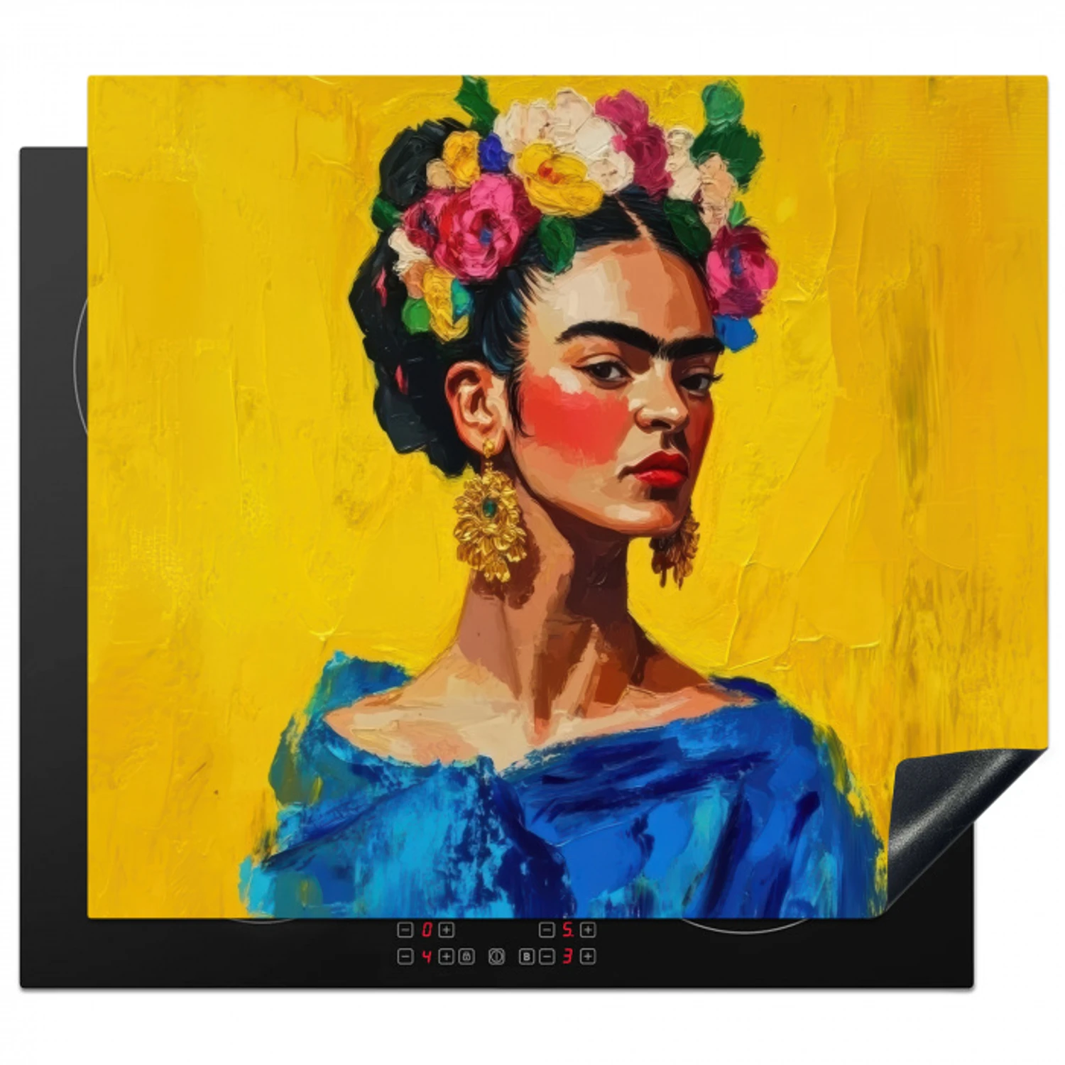 Frida Kahlo - Vrouw - Geel - Blauw - Bloemen Inductie beschermer vinyl 3mm middel -3d