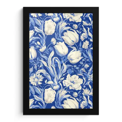 Bloemen - Delfts Blauw - Patroon - Tulp fotolijst zwart zonder passe partout klein -3d