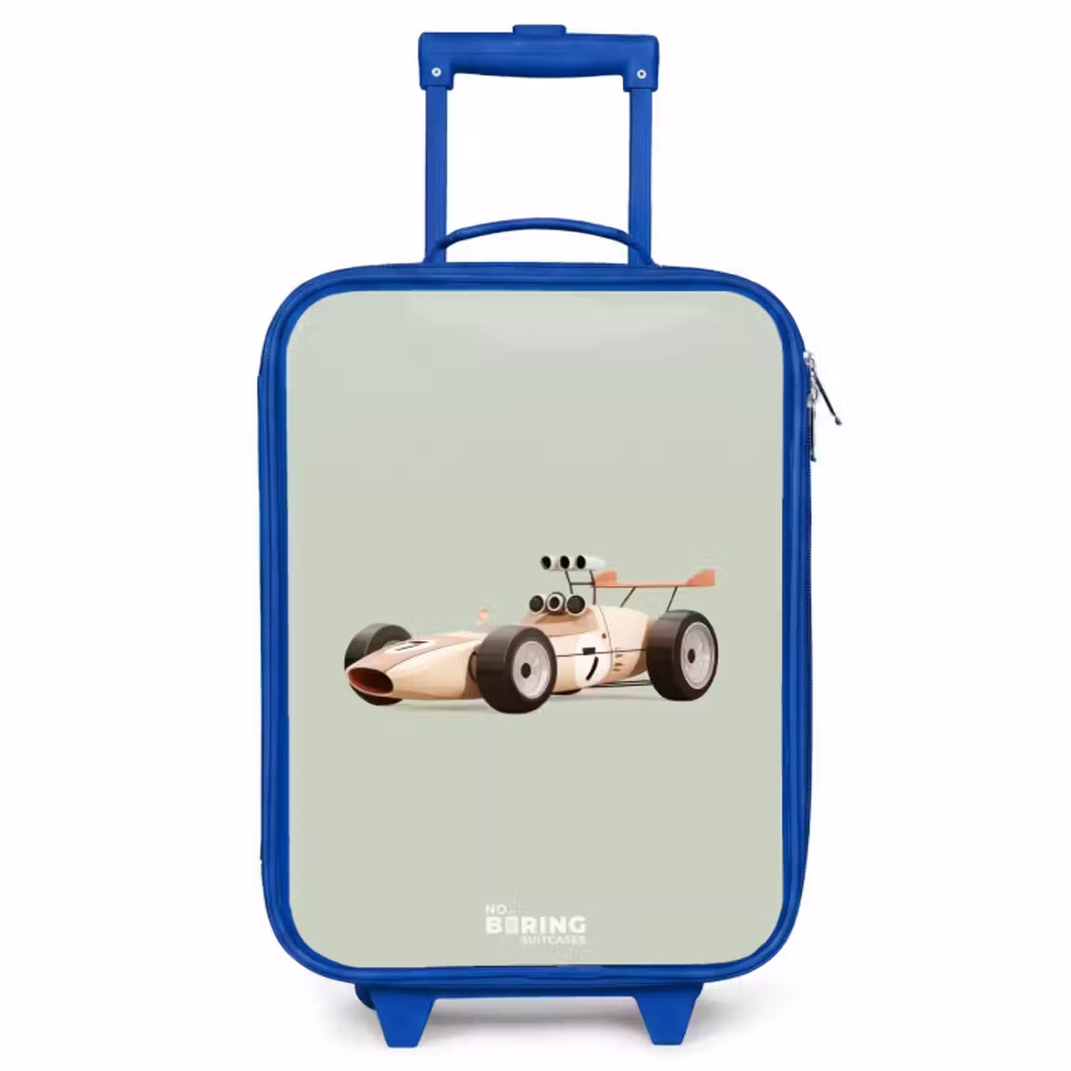 Kinderkoffer - Blauw - Beige retro raceauto op groen achtergrond