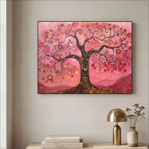 Boom - Levensboom - Roze - Goud Textielframe zwart klein -sfeer2