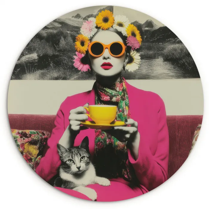 Vrouw - Kat - Bloemen - Kopje - Retro Wandcirkel kunststof plaat 5mm dik klein -3d
