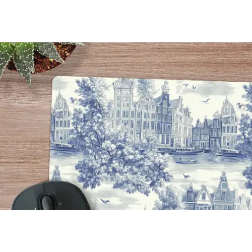 Huizen - Bomen - Water - Vogels - Blauw muismat rubber klein 262 -closeup