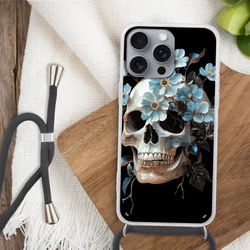 Schedel - Blauw - Bloemen - Bladeren Hoesje iPhone 16 Pro Max met koord klein -sfeer4