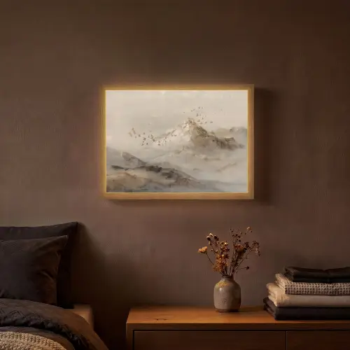 Berglandschap - Mist  - Penseelstreken Light Box met batterij (Wandlamp) middel -sfeer4