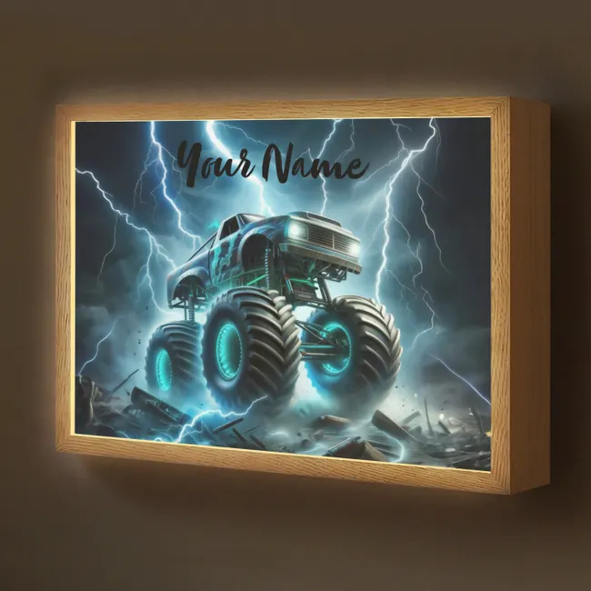 Lightbox - Kids' Wall Lamp with Name -. Monster truck - Lightning - Blue - Boys - Car