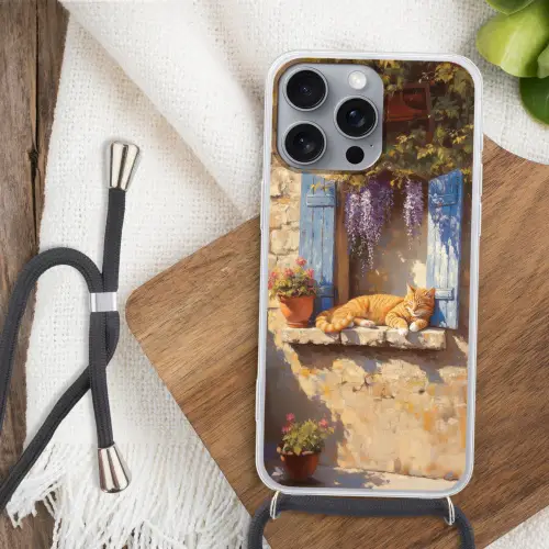 Kat - Stenen vensterbank - Bloemen Hoesje iPhone 16 Pro Max met koord klein -sfeer4
