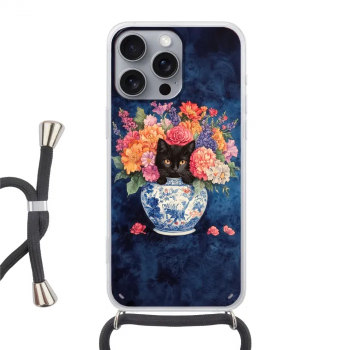 Kat - Felgekleurde bloemen - Vaas Hoesje iPhone 16 Pro Max met koord klein -3d