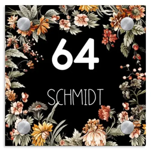 Bloemen - Zwart - Modern Naambord Vierkant klein -3d