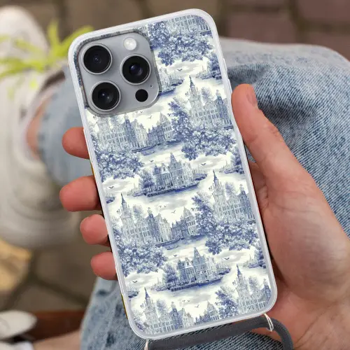 Huizen - Bomen - Water - Vogels - Blauw Hoesje iPhone 16 Pro Max met koord klein 804 -sfeer3