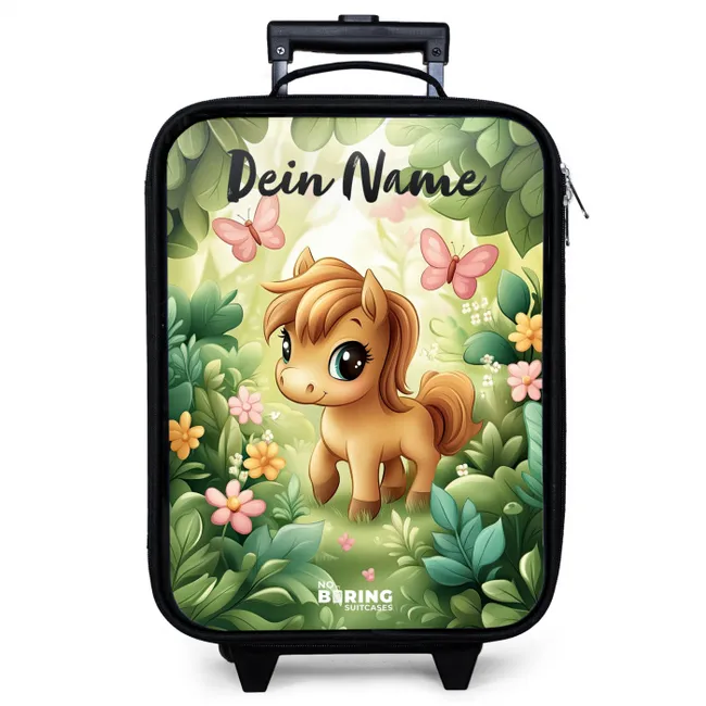 Kinderkoffer mit Name - Pferd - Blumen - Schmetterlinge