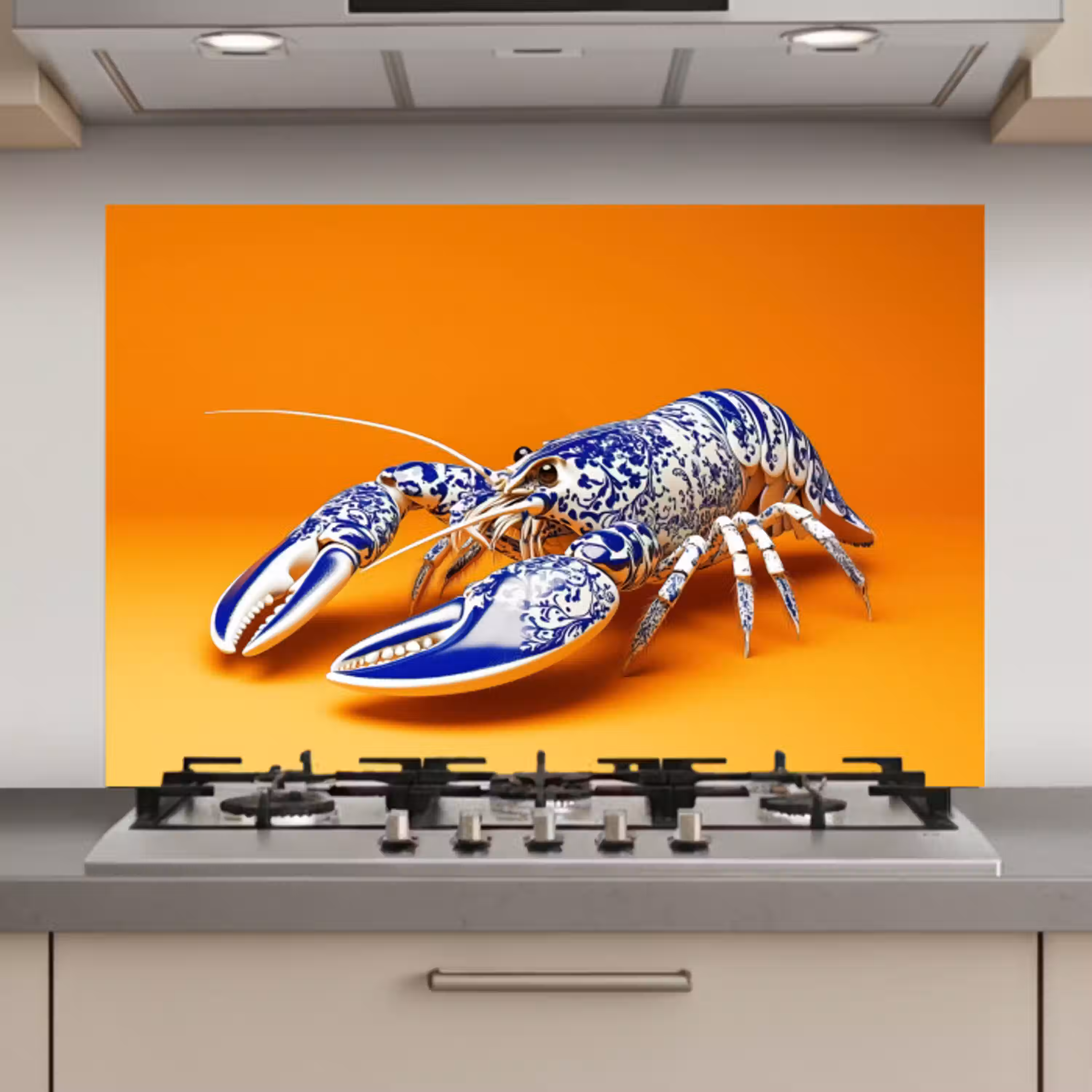 Kreeft - Delftsblauw - Schild - Stoer - Oranje keuken achterwand spatscherm klein -3d_website