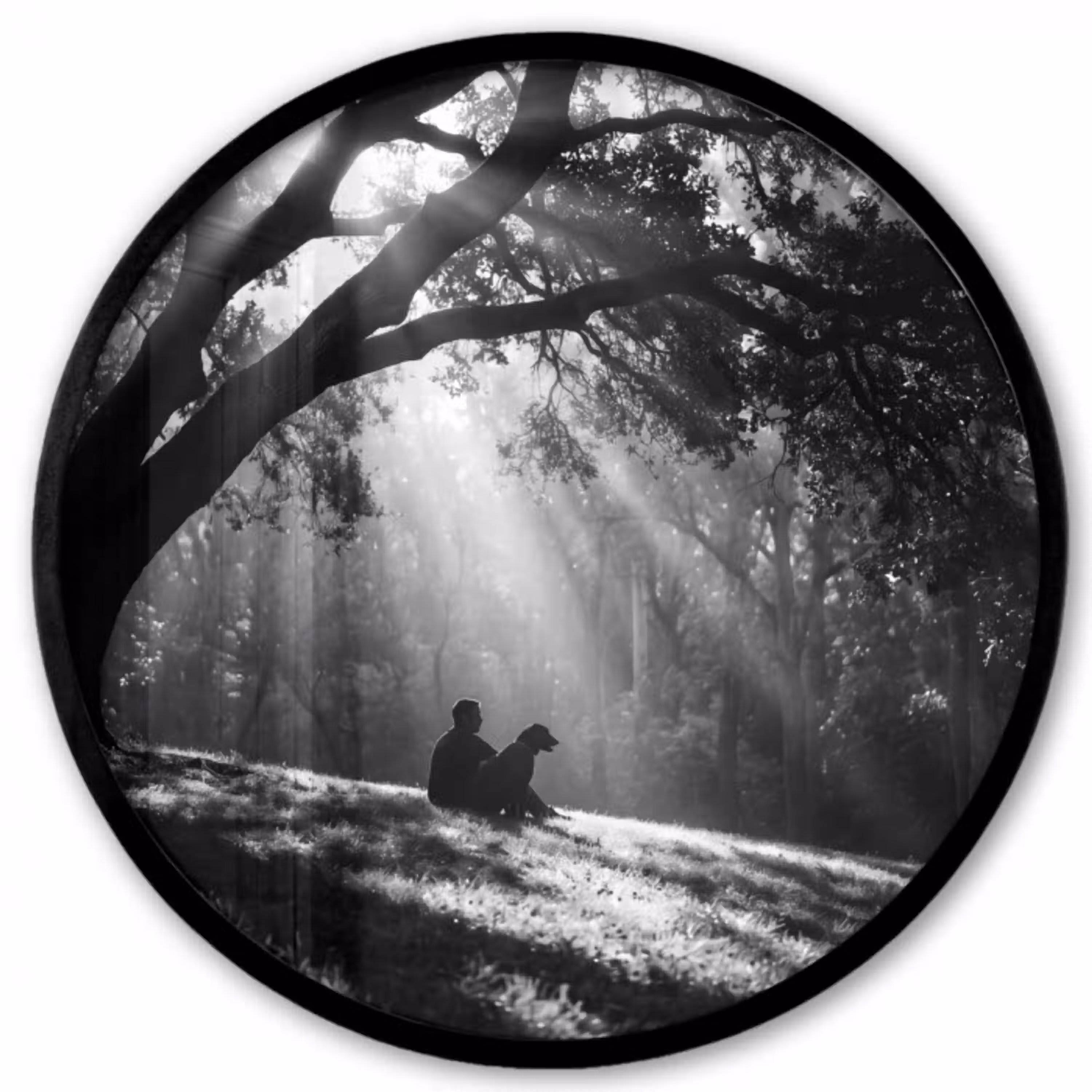 Mens - Hond - Natuur - Zwart-wit - Silhouet Fotolijst rond zonder passe partout klein -3d