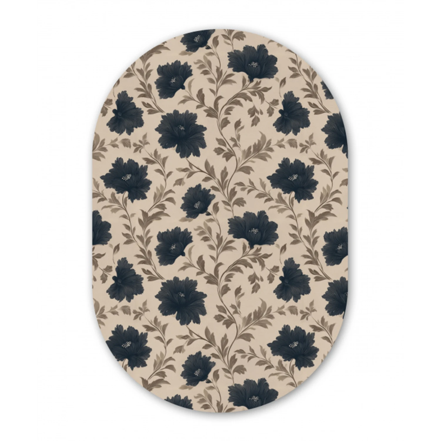 Motief - Bloemen - Zwart - Beige Wandcirkel Ovaal Forex klein 630 -3d