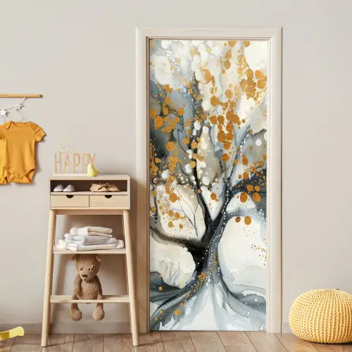 Boom - Modern - Abstract - Goud - Zwart - Wit deurposter klein -sfeer4