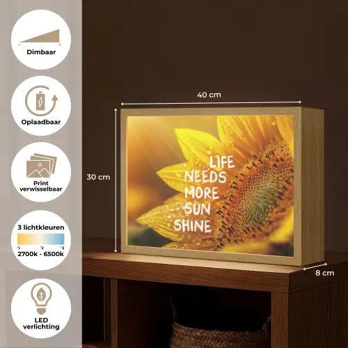 Zonnebloem - Close up - Geel - Quote Light Box met batterij (Wandlamp) middel -USP_websiteoverzichtNL