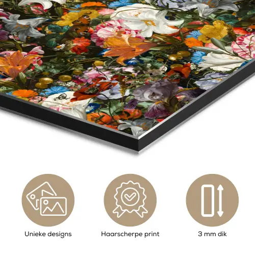 Bloemen - Vlinder - Design - Kunst - Abstract - Schilderij - Oude meesters aluminium wit klein -closeup_NL