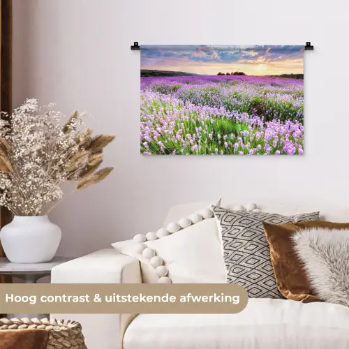 Lavendel - Bloemen - Zonsondergang - Paars - Weide Wandkleed katoen klein -sfeer1